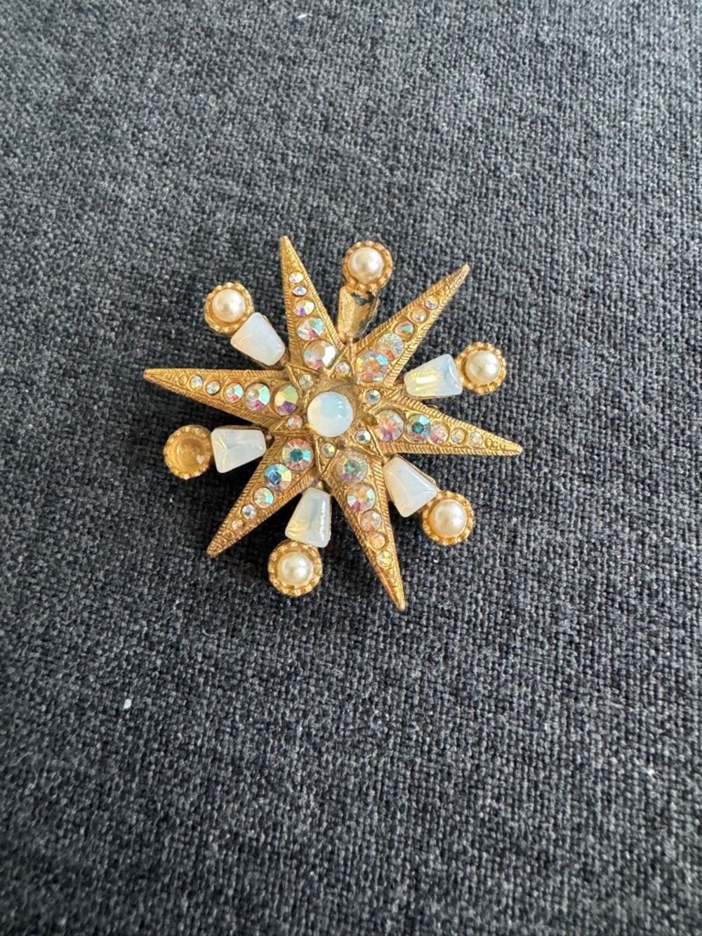 Gold Starburst Brooch with Opalescent Accents and Pearls